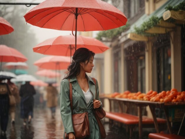 uma mulher caminhando por uma rua segurando um guarda-chuva sobre a cabeça na chuva