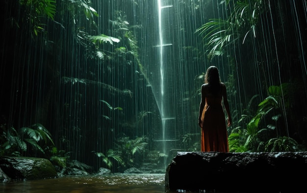 Foto uma mulher caminhando sozinha em uma cachoeira no meio da floresta