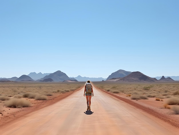 Uma mulher caminhante vista de trás caminhando em uma bela paisagem desértica AI gerativa