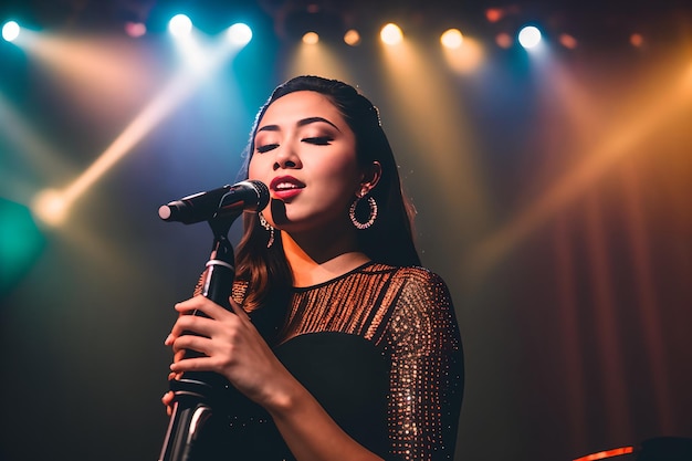 Uma mulher cantando em um microfone com uma luz amarela atrás dela.