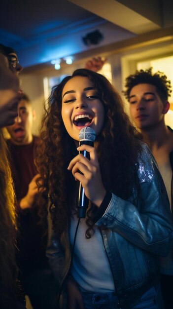 Foto uma mulher cantando em um microfone na frente de um grupo de pessoas