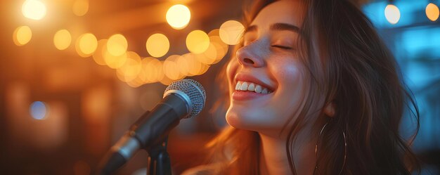 Uma mulher cantando em um microfone na frente de um suporte de microfone com luzes no fundo e um