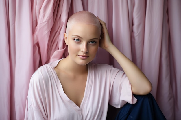 Uma mulher careca luta contra o câncer de mama