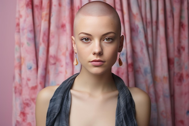 Uma mulher careca luta contra o câncer de mama