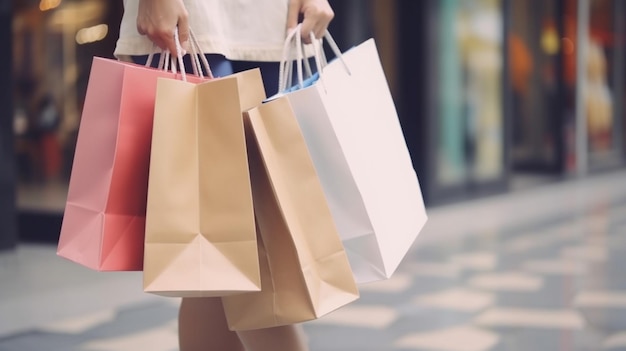 Uma mulher carregando sacolas de compras em um shopping.