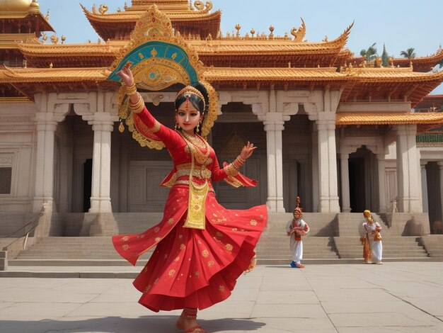 Uma mulher casada hindu dança em frente a um templo