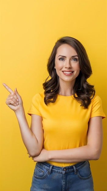 Uma mulher caucasiana de aparência agradável e amigável de camisa amarela apontando para o canto superior esquerdo.