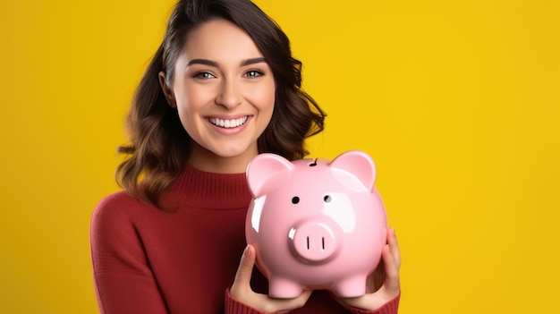 Uma mulher caucasiana feliz em um jumper casual vermelho segura um cofrinho rosa em um fundo amarelo Criado com tecnologia Generative AI