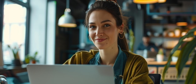 Uma mulher caucasiana sorridente trabalha em seu laptop em uma mesa de reunião em um escritório Líder de equipe feminina sorrindo depois de completar uma tarefa importante Especialista em comércio eletrônico em um computador pesquisando produtos