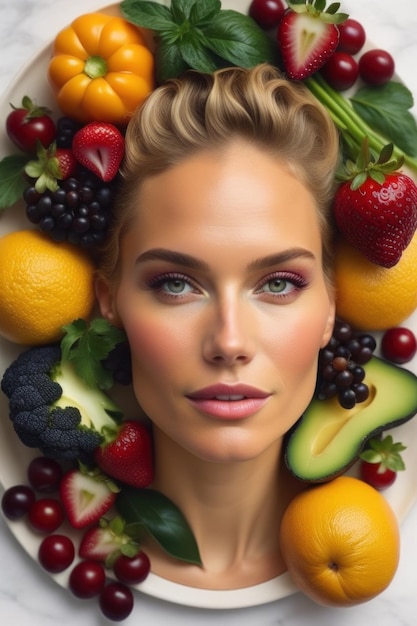 Uma mulher cercada de frutas e vegetais gerados pela IA.
