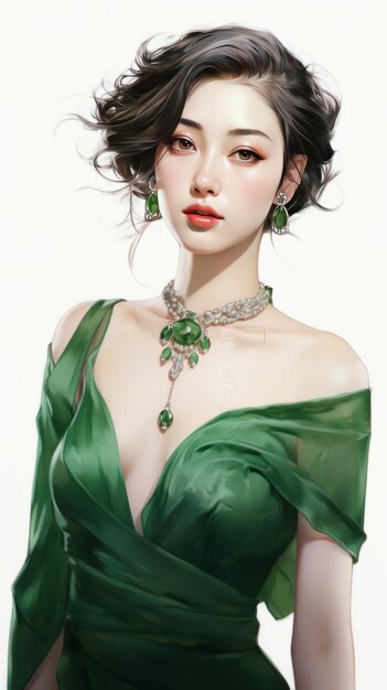 Uma mulher chinesa de vestido verde e colar em IA generativa de fundo branco
