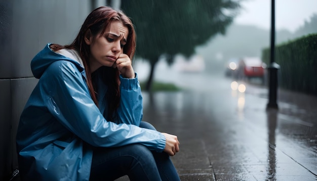 Foto uma mulher chorando na calçada em um dia chuvoso estresse tristeza