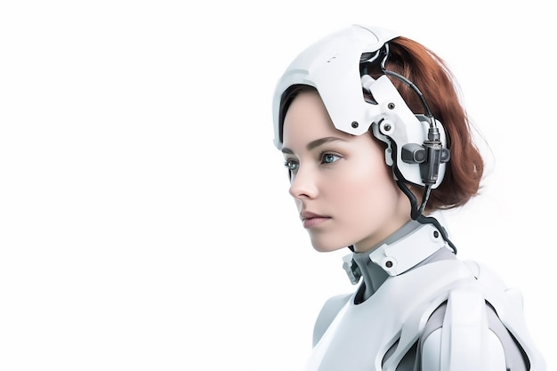 Uma mulher ciborgue com uma cabeça de robô e uma cabeça em fundo branco