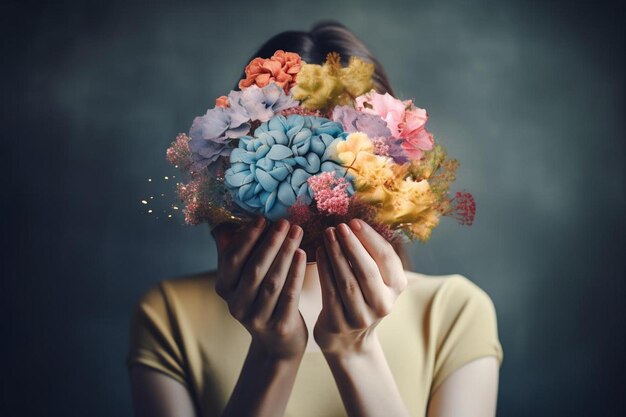 Foto uma mulher cobrindo o rosto com um monte de flores