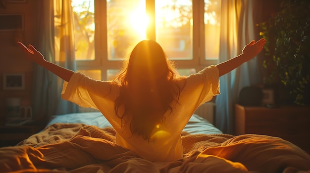 Uma mulher coçando a mão depois de acordar com a luz do sol matinal vindo da janela e do espaço vazio AI gerativa