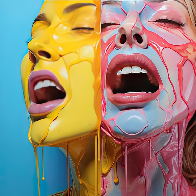 Foto uma mulher com a boca aberta e a outra mulher com a pintura amarela no rosto está vestindo um rosto amarelo e azul e branco