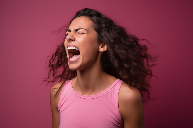 uma mulher com a boca aberta em um fundo rosa