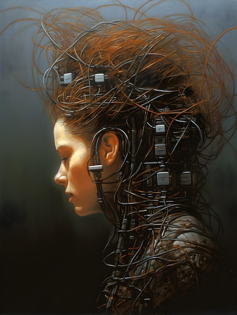Uma mulher com a cabeça coberta de fios e um rosto que diz "cyberpunk"