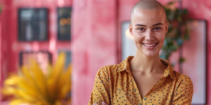Foto uma mulher com a cabeça rapada e uma camisa amarela com um sorriso