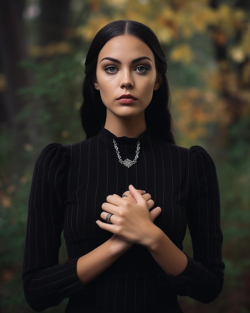 Foto uma mulher com as mãos cruzadas em frente a uma floresta.