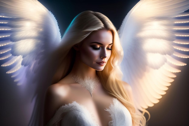 Uma garota com asas de anjo na cabeça
