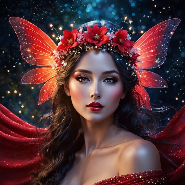 Foto uma mulher com asas de borboleta e asas vermelhas está posando para uma foto