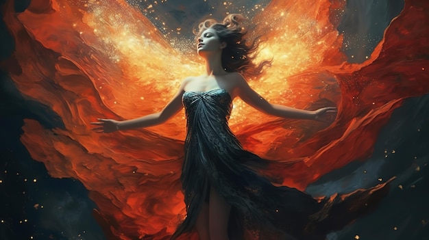 Uma mulher com asas e fogo nas costas