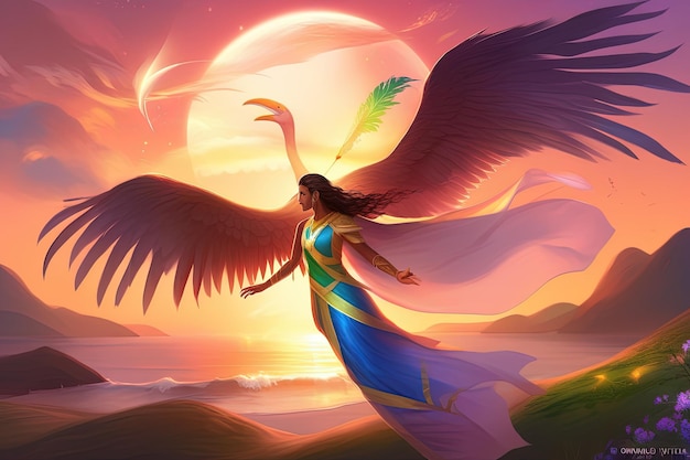 uma mulher com asas que está voando no céu