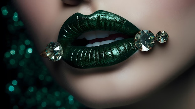 Uma mulher com batom verde e diamantes nos lábios