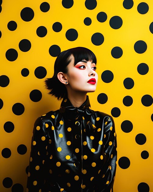 uma mulher com batom vermelho e uma camisa de pontos polka preta e branca está de pé na frente de uma parede amarela