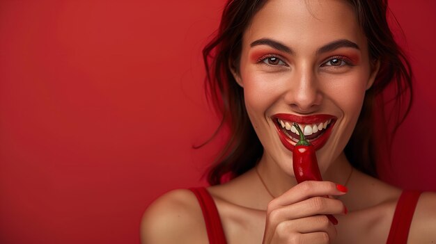 Foto uma mulher com batom vermelho está comendo uma pimenta