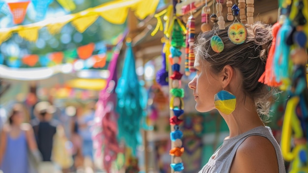 Foto uma mulher com brincos de templo admira uma exposição de mercado colorida no evento da cidade aig