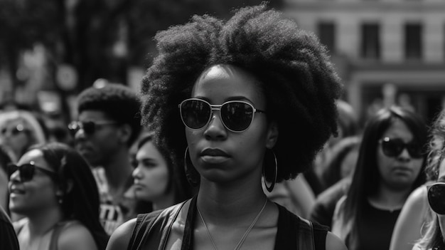 Uma mulher com cabelo afro e óculos de sol está no meio da multidão.