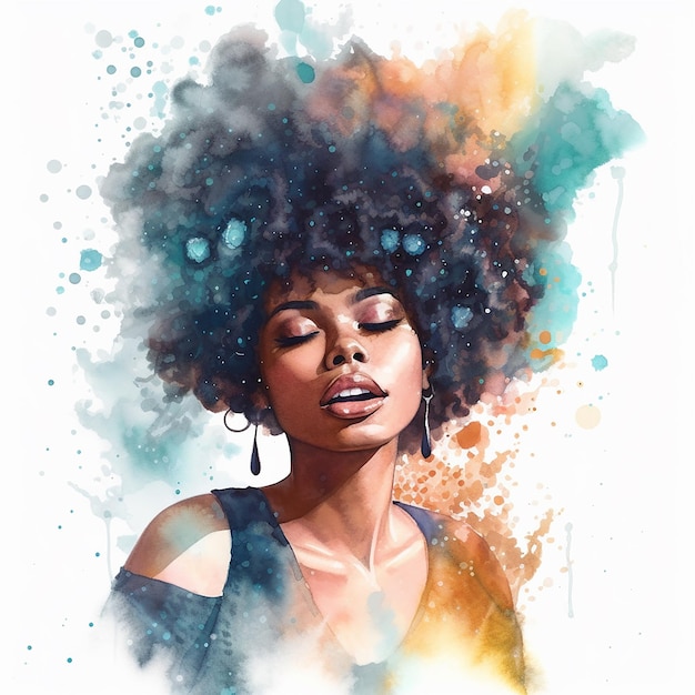 uma mulher com cabelo afro está em frente a um fundo aquarela colorido