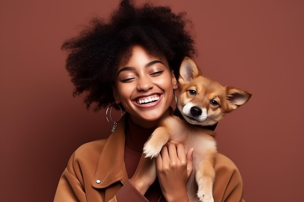 Uma mulher com cabelo afro está segurando um cachorro e sorrindo em fundo marsala
