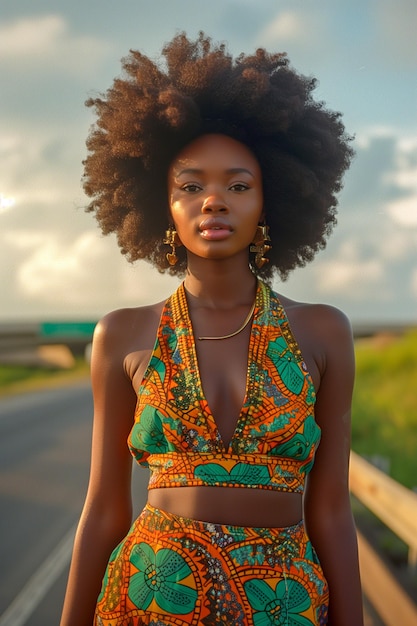 Uma mulher com cabelo afro está vestindo uma roupa colorida e de pé em uma estrada