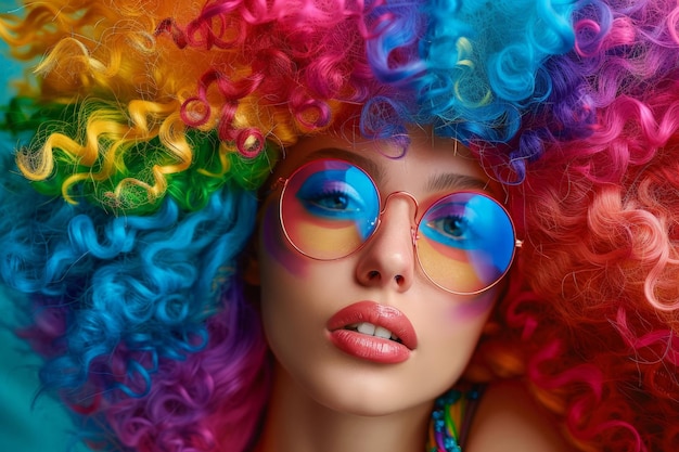 Uma mulher com cabelo arco-íris e óculos coloridos