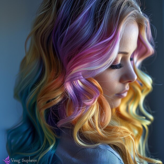 uma mulher com cabelo arco-íris e uma foto de uma mulher loira com cabelo roxo e rosa