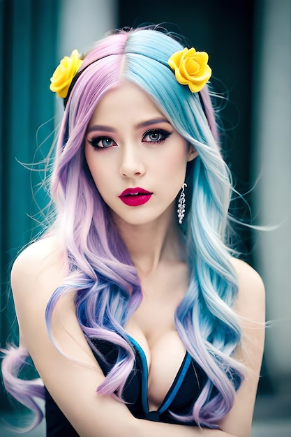 Uma mulher com cabelo azul e flores amarelas na cabeça