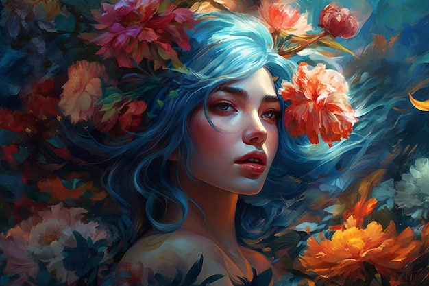 Uma mulher com cabelo azul e flores na cabeça