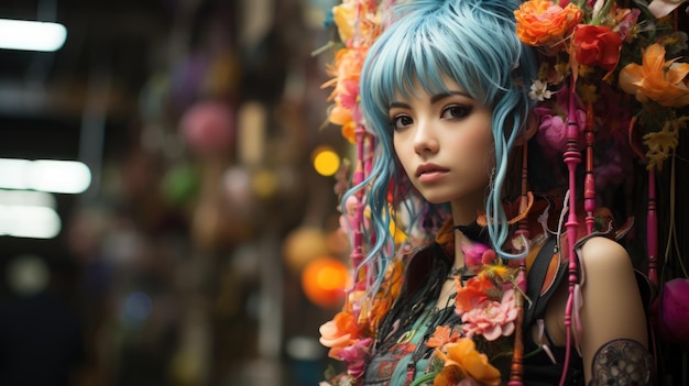 Uma mulher com cabelo azul e flores no cabelo Generative AI