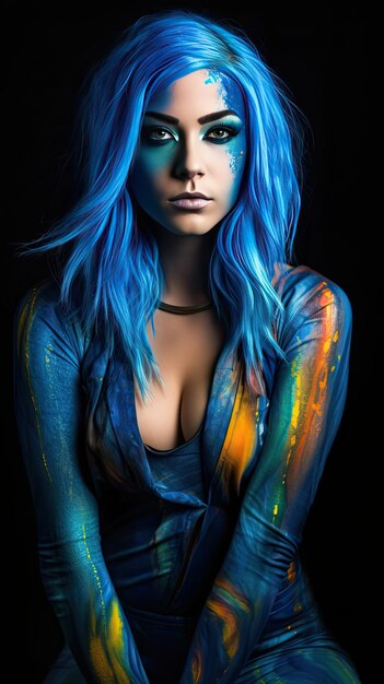 uma mulher com cabelo azul e pintura corporal