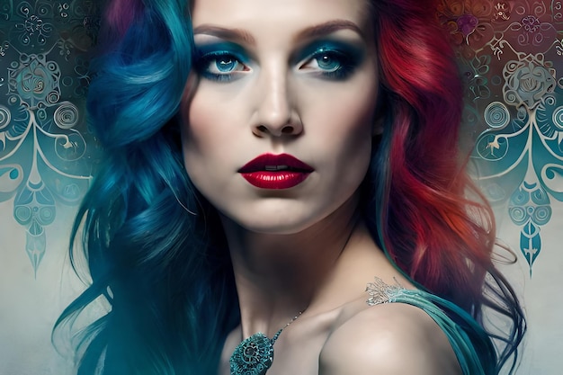 Uma mulher com cabelo azul e um cabelo azul está em um tronco de árvore