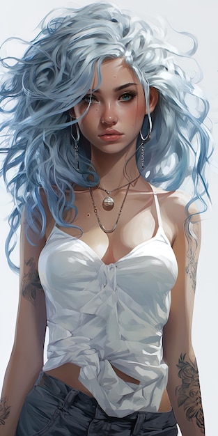 uma mulher com cabelo azul e um colar com um colar nele