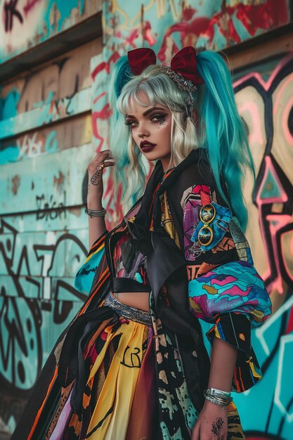 uma mulher com cabelo azul e uma camisa colorida está de pé na frente de uma parede de graffiti