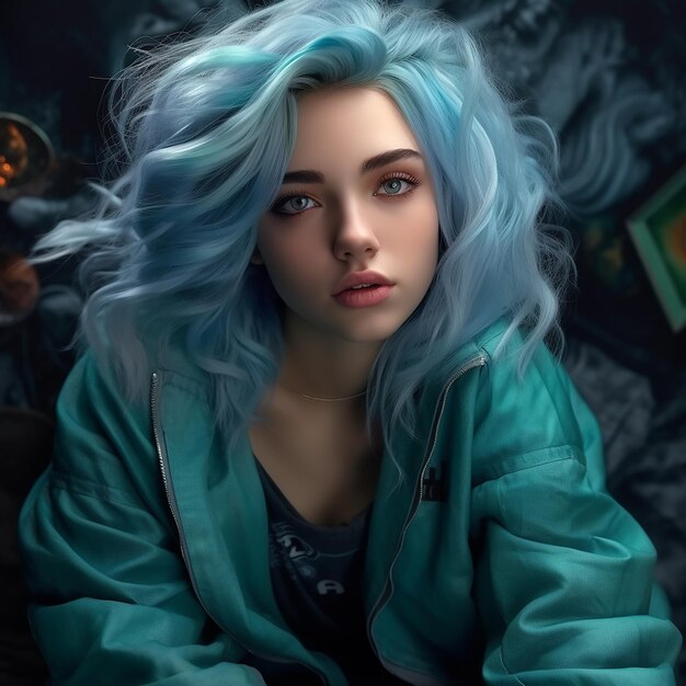 uma mulher com cabelo azul e uma jaqueta verde com cabelo azul