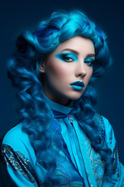 Uma mulher com cabelo azul e uma peruca azul