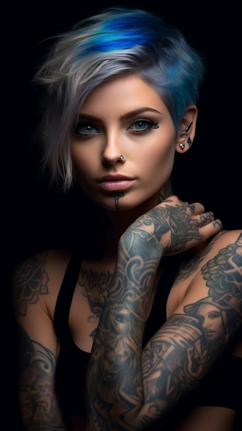 uma mulher com cabelo azul e uma tatuagem de uma mulher com olhos azuis