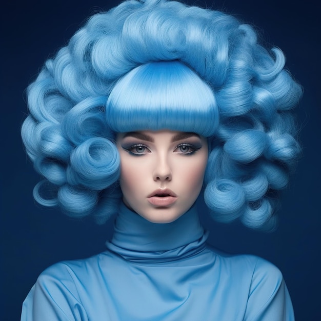 Uma mulher com cabelo azul grande