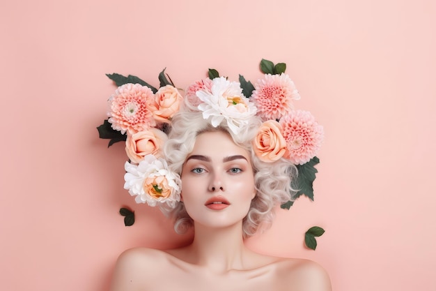 Uma mulher com cabelo branco e flores em seu cabelo IA generativa